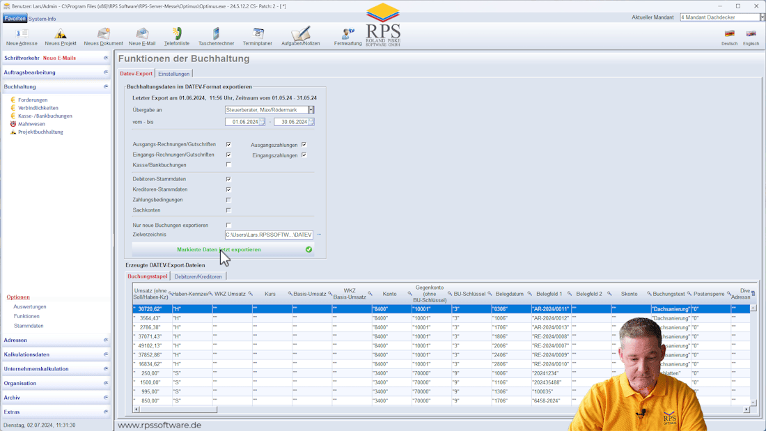 DATEV-Export in der Handwerkersoftware OPTIMUS starten