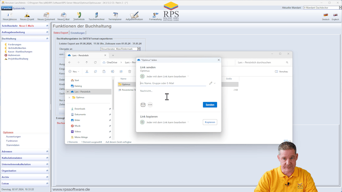DATEV-Export Handwerkersoftware OPTIMUS Ordner in der Cloud teilen
