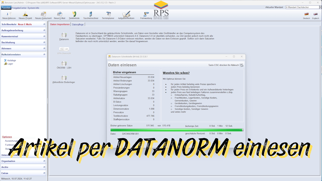 Datanorm Schnittstelle in der Handwerkersoftware OPTIMUS